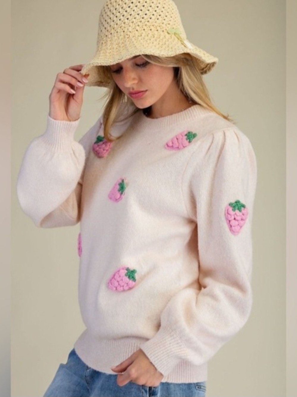 easel Cream Pullover Sweater with Pink Strawberry Appliqués